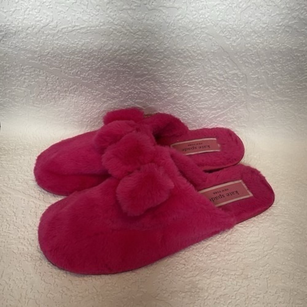 Kate Spade Neon Hot Pink Bow Spade Logo Slides Slippers Women 9B China Faux Fur